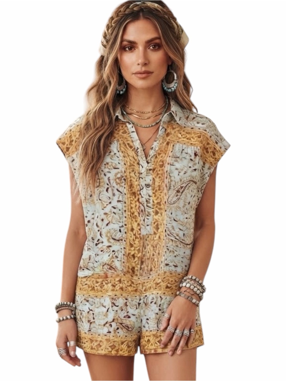 Free People Telly Paisley Button Front Oversized Romper Size  Medium